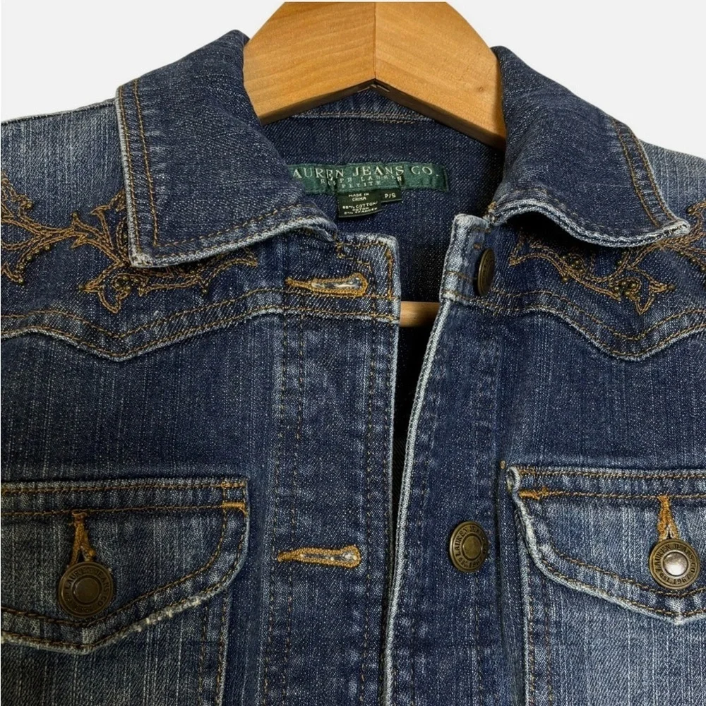 VTG Lauren Jeans Co. Ralph Lauren Jean Jacket Beaded Trucker Boho PS - Picture 2 of 7